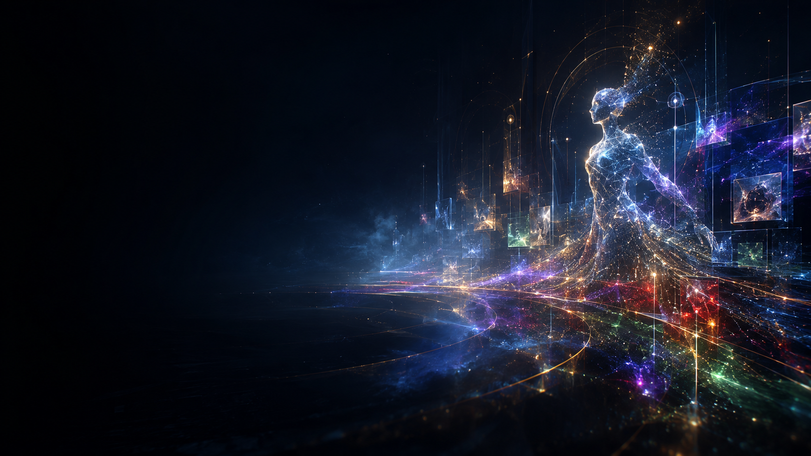 A luminous abstract human presence moving through an immersive archive of memories and light